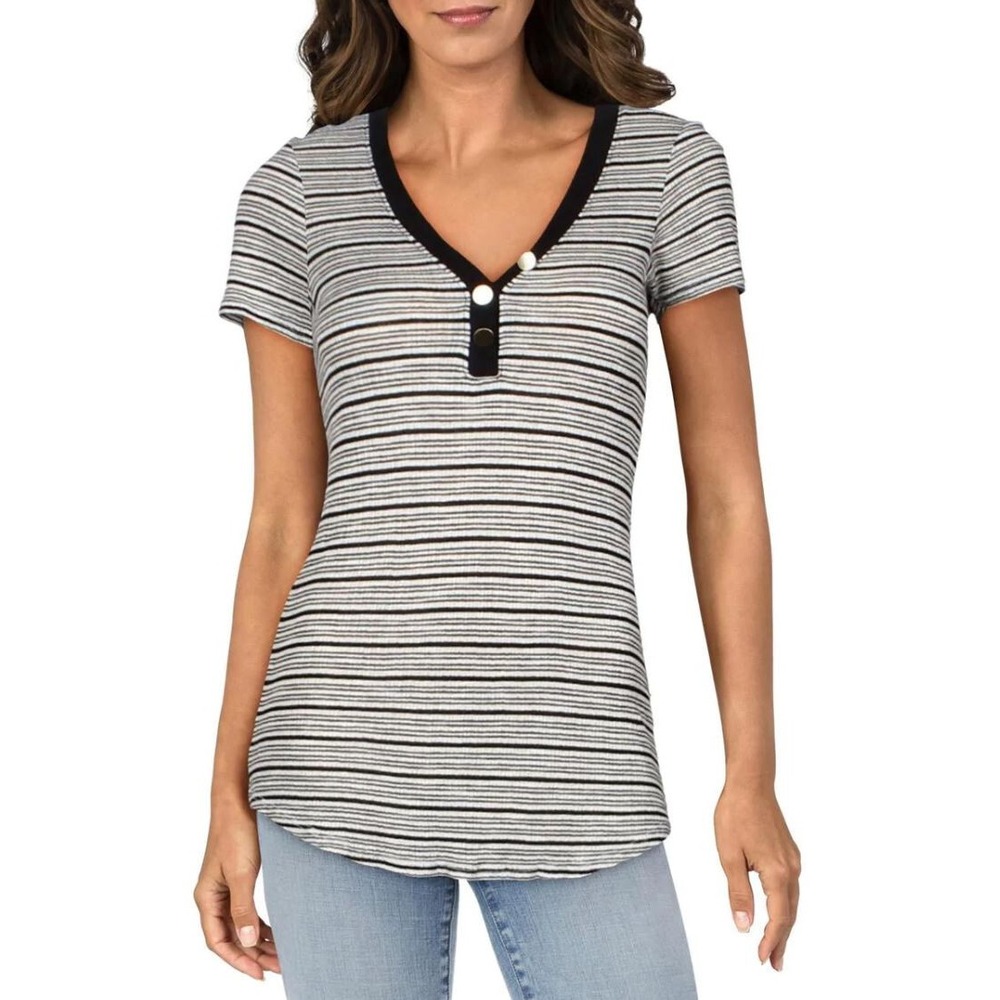 SUNDRY Women Striped V-Neck Henley Tee T-Shirt Black White H19-Y8-H47 Size 2 NEW